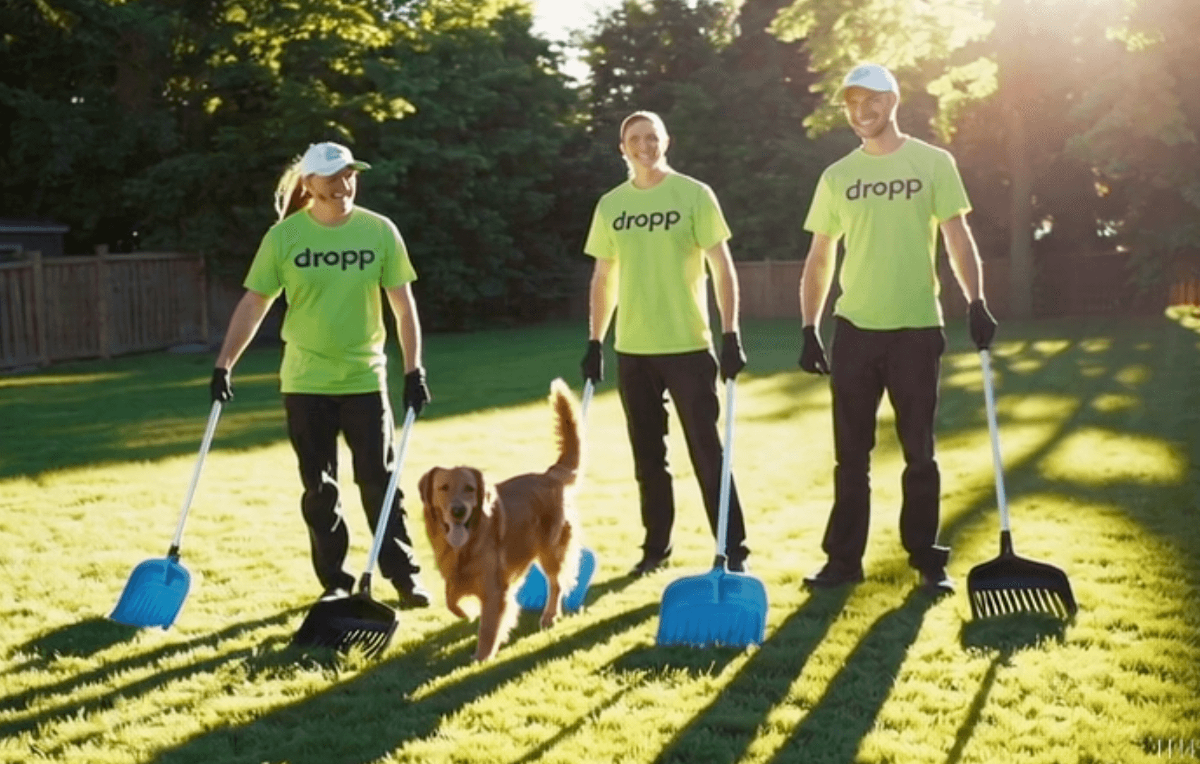 DROPP team members with their equipment and a friendly golden retriever in a sunny backyard