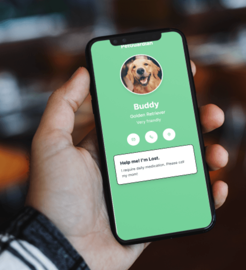 PetGuardian App showing a lost pet profile on an iPhone